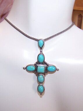 NF Thailand Sterling Silver Turquoise Cross Pendant